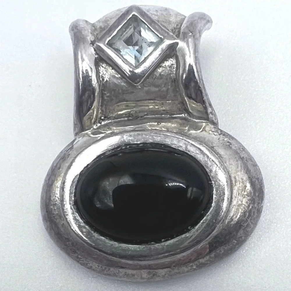 Sterling Silver Slide Pendant Black Onyx Cabochon Faceted Blue Gemstone 925 SU